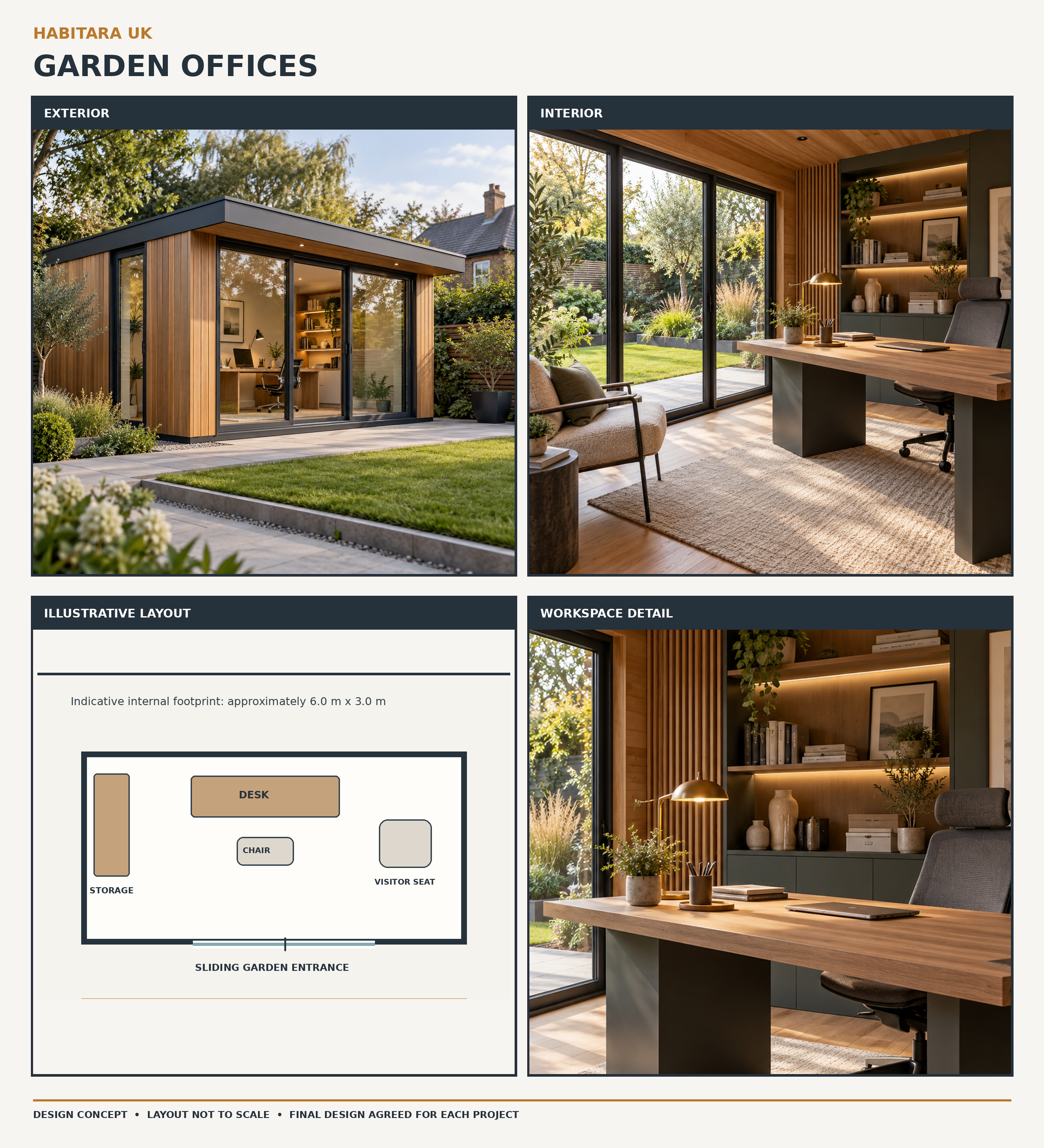 Garden Offices exterior, interior and illustrative layout design concepts